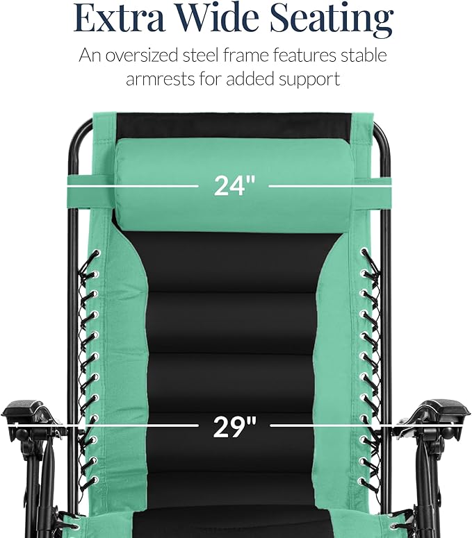 Best Choice Products Oversized Padded Zero Gravity Chair, Folding Outdoor Patio Recliner, XL Anti Gravity Lounger for Backyard w/Headrest, Cup Holder, Side Tray, Polyester Mesh - Green/Black - Image 4