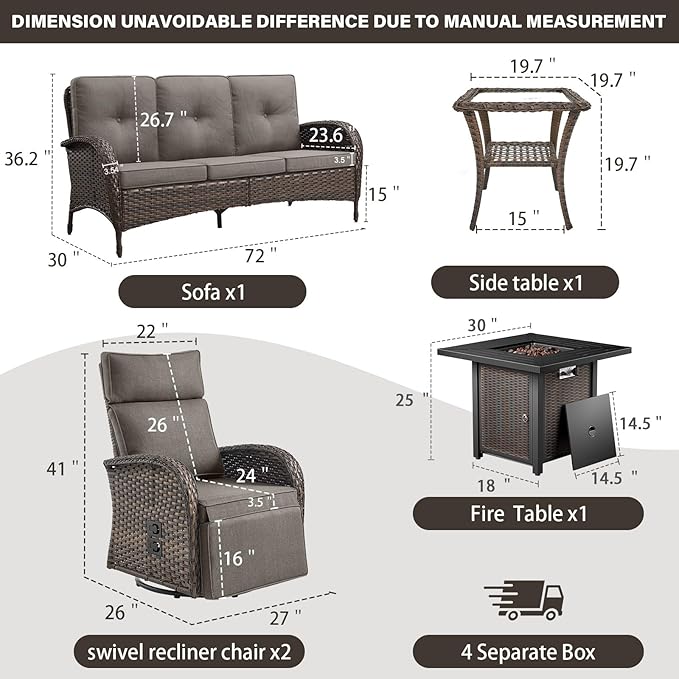 Belord 5 Piece Wicker Patio Furniture Set with 30" Propane Fire Pit Table, Outdoor Swivel Recliner Chairs with Adjustable Backrest & Footrest for Patio Conversation and Backyard Gathering - Image 2