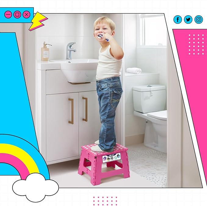 Delxo Folding Step Stool 9 inch Non-Slip Foldable Stools Up to 300 LBS Kids Step Stool with Handle Lightweight for Kitchen, Bathroom, Bedroom, Garden, Rose Pink, 1PC - Image 8