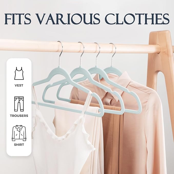 HOUSE DAY Sky Blue Velvet Hangers 60 Pack, Non Slip Clothes Felt Hanger Heavy - Image 3