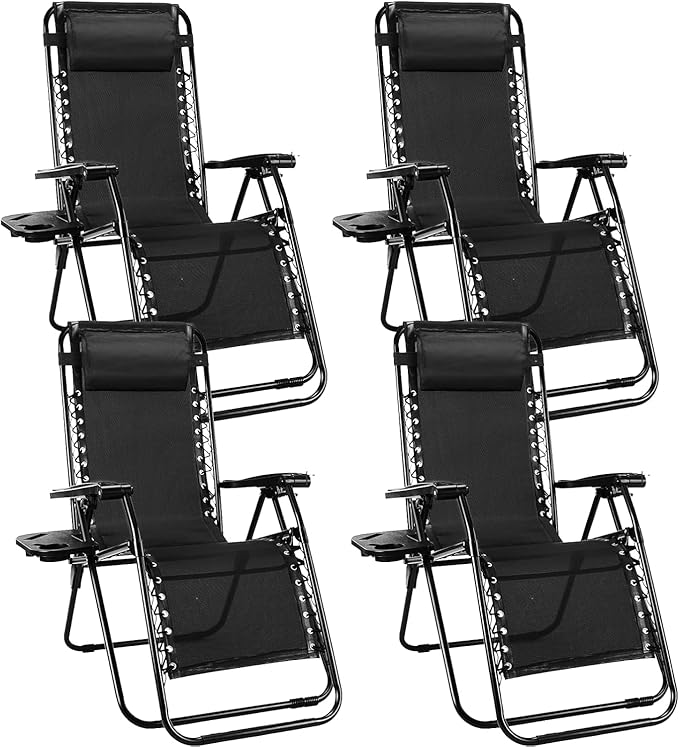 Sweetcrispy Zero Gravity Chairs, Set of 4 Portable Recliner Beach Camping Patio Outdoor Folding Lounge Chair with Cup Holder Trays and Adjustable Pillow for Poolside, Garden, Backyard, Lawn (Black) by Sweetcrispy