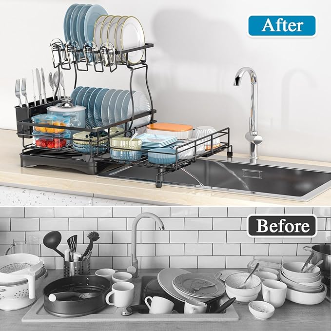 2 Tier Dish Drying Rack, Large Extendable Dish Racks - Image 8
