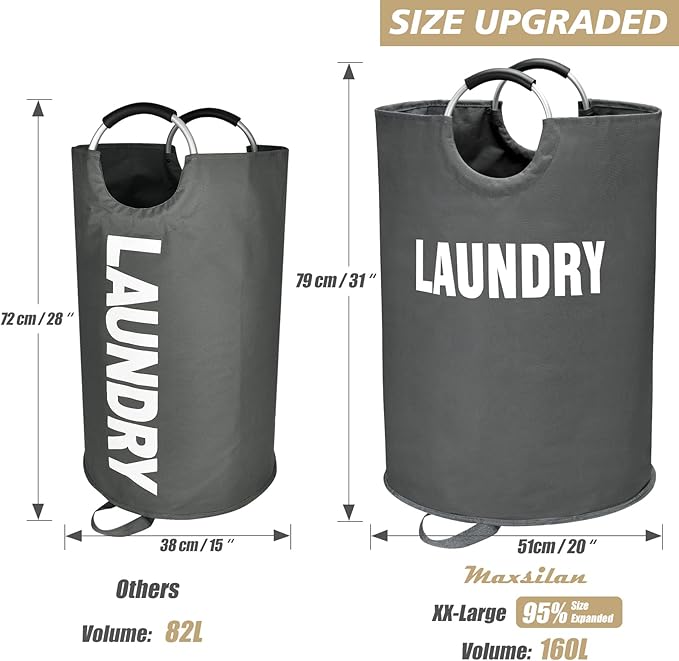 160L XX-Large Laundry Basket, Freestanding Tall Clothes Hamper, Collapsible - Image 3