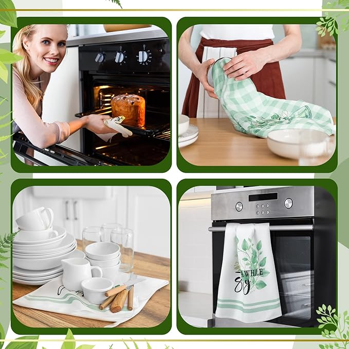 Set of 6 Eucalyptus Kitchen Towels Green Leaves Dishtowels Absorbent Spring - Image 4