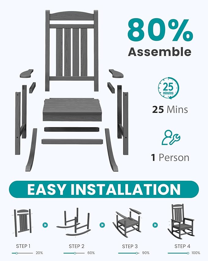 SERWALL Outdoor Rocking Chair Set of 2, HDPE Patio Rocking Chair, All-Weather Porch Rocker for Balcony, Yard, Dark Gray - Image 8