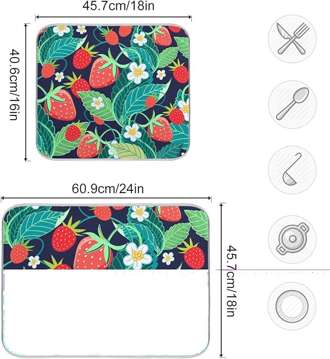 Tarity Green Leaves Red Strawberries Dish Drying Mat - Image 3