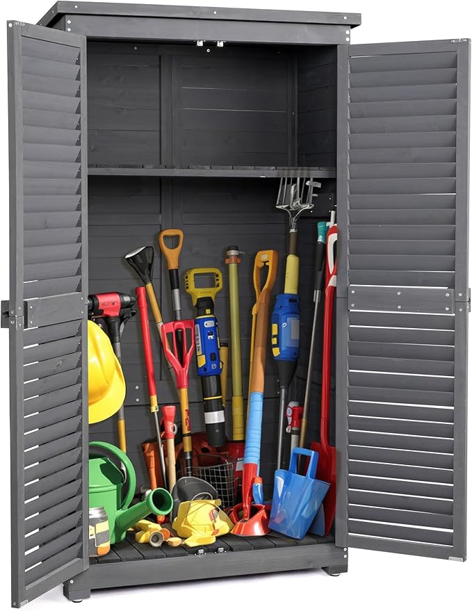 Outvita Outdoor Storage Cabinet, 63in Wooden Garden Tools Shed with 2 Lockable Doors, 3 Adjustable Shelves, Waterproof Roof for Yard Garge Patio Deck Porch（Grey） by Outvita