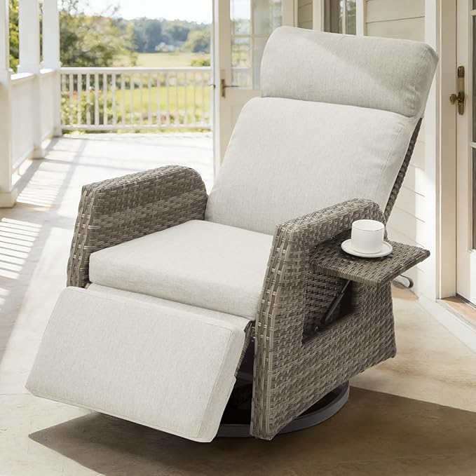 Adjustable Outdoor Recliner Chair with Independent Backrest & Footrest, Patio Swivel Recliner Chair, Wicker Reclining Patio Chair w/Flip-Up Table, Air Pump 155° Lay Flat Chaise Lounge, Gray - Image 7