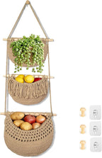 3 Tier Hanging Fruit Baskets for Kitchen, Boho Cotton Rope Handwoven Vegetable by Unknown