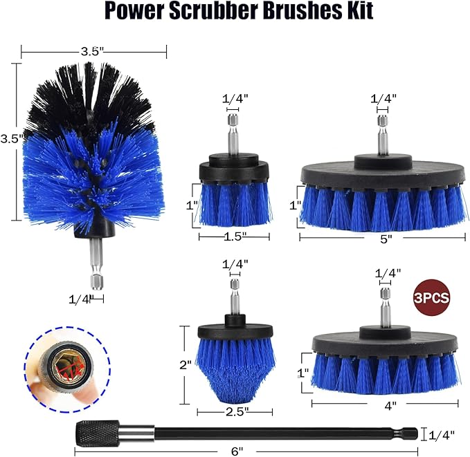 Drill Brush Attachment Set, 7 Pack 1/4in Power Scrubber Brush + Extend Long Rod - Image 3