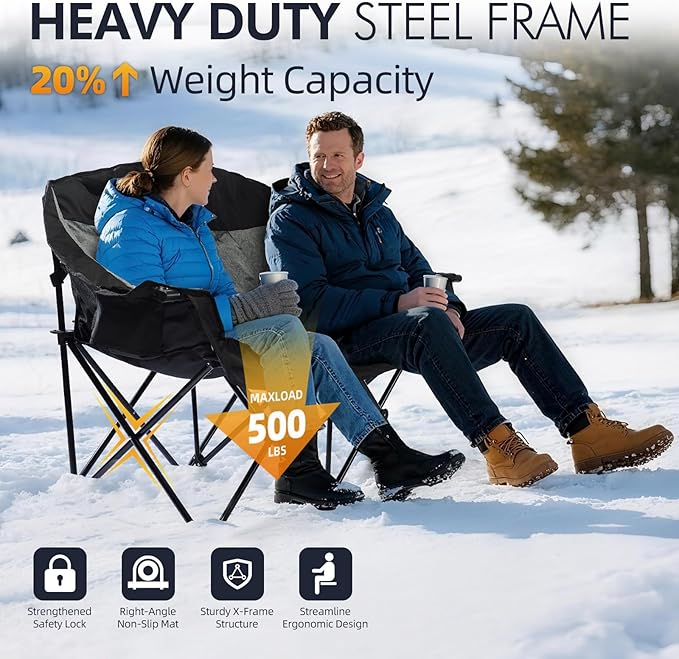 Heated Double Camping Chair - Heated Loveseat Chair for 2 Person Heavy Duty Oversized Padded Camping Couch for Adults Outdoor Sports Lawn Portable Folding Chairs - Image 6