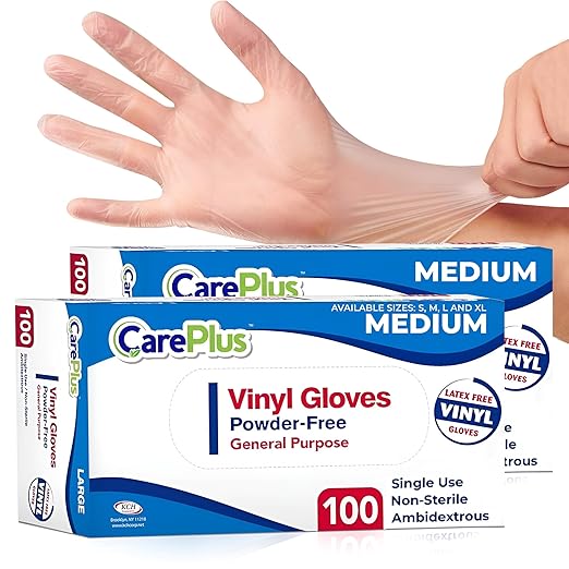 CARE PLUS Vinyl Gloves Clear Medium Size 200 Count | Heavy Duty, Non-Sterile by CarePlus