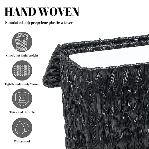 Black Wicker Trash Can with Lid and Liner, Waterproof Narrow Waste Basket - Image 5
