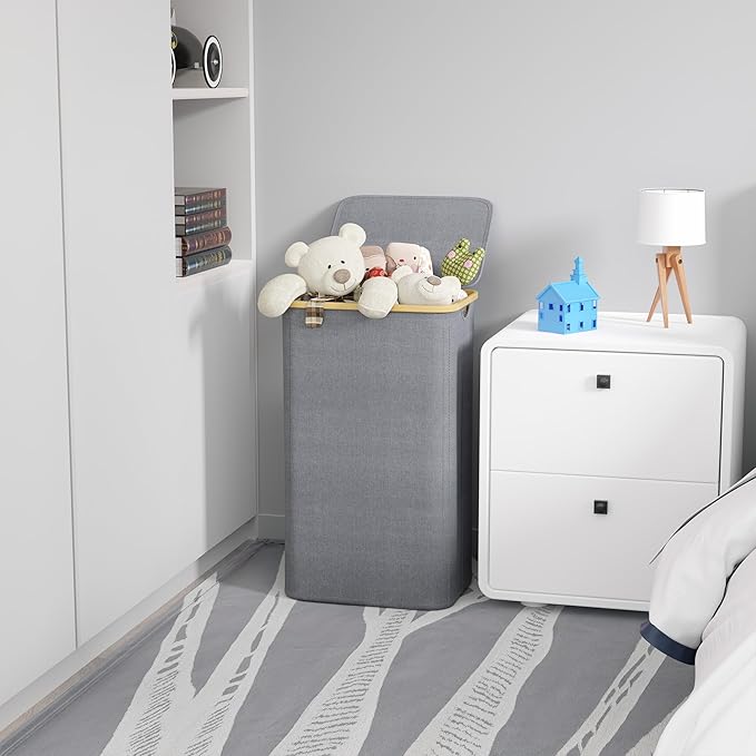 SUOCO Laundry Hamper with Lid, 29 Gal Clothes Basket with Bamboo Handles - Image 4