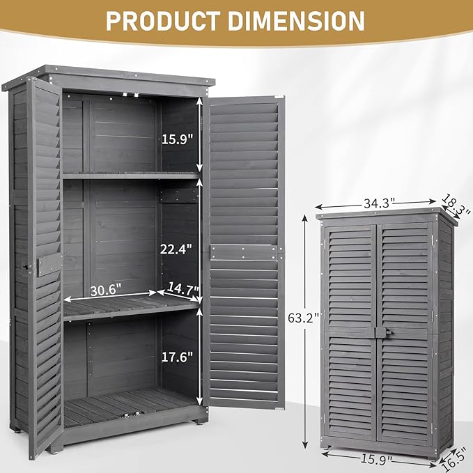 Outvita Outdoor Storage Cabinet, 63in Wooden Garden Tools Shed with 2 Lockable Doors, 3 Adjustable Shelves, Waterproof Roof for Yard Garge Patio Deck Porch（Grey） - Image 5