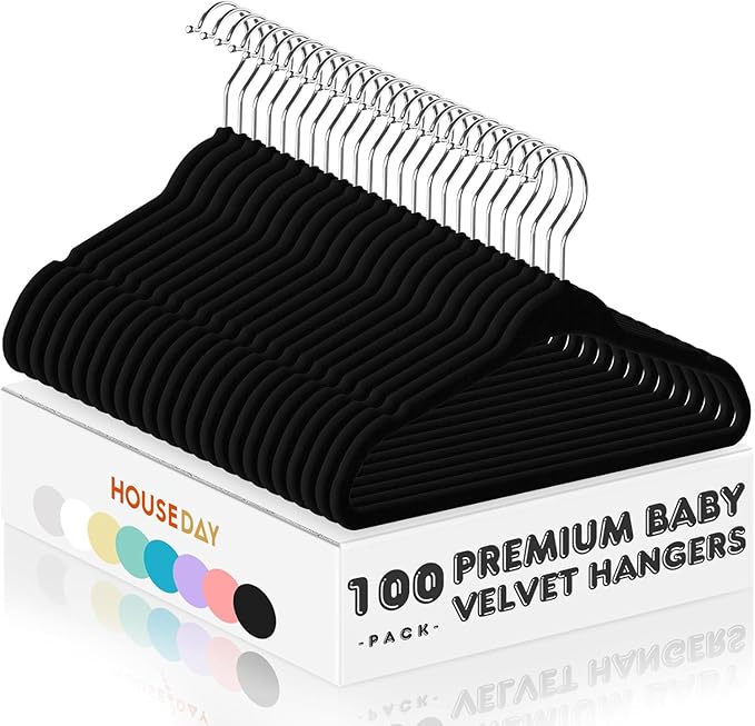 HOUSE DAY 11 Inch Velvet Baby Hangers 100 Pack Black, Premium Kids Hangers by HOUSEDAY