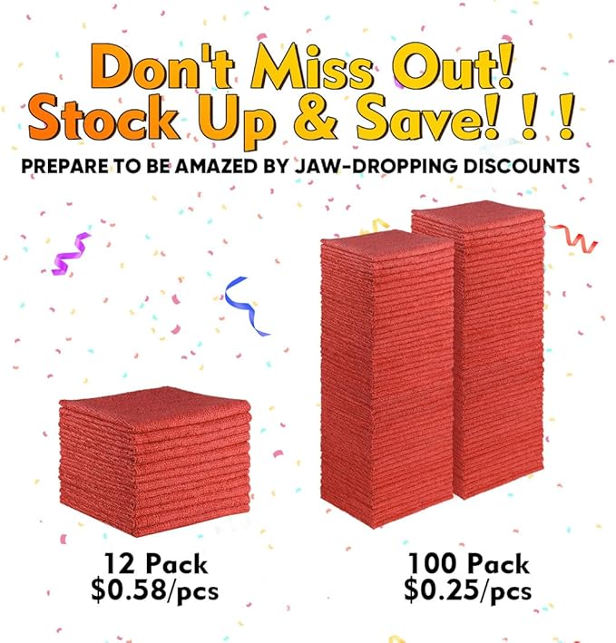 HOMEXCEL Red Shop Towels 100 Pack, Reusable Microfiber Cleaning Cloth Bulk - Image 5