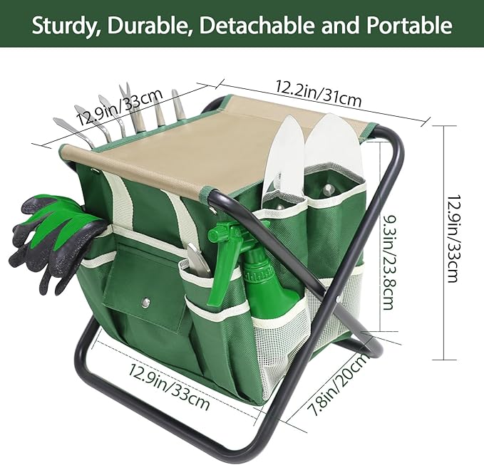 Garden Tool Set, 10 Piece Kit with Heavy Duty Folding Stool, Detachable Storage Tote Bag, Stainless Steel Tools, Gifts for Women Men Green - Image 3