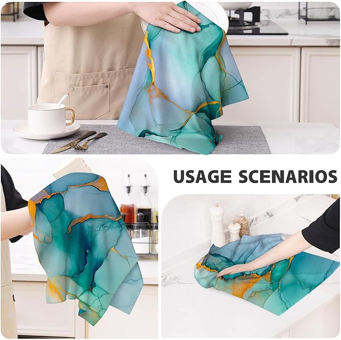 Teal Gold Kitchen Towel Set of 4 Soft Absorbent Marble Texture Turquoise - Image 7