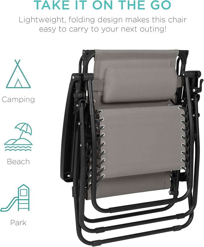 Best Choice Products 30” Wide Folding Zero Gravity Outdoor Recliner Patio Lounge Chair w/Adjustable Canopy Shade, Headrest, Side Accessory Tray - Ice Gray - Image 9