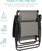 Best Choice Products 30” Wide Folding Zero Gravity Outdoor Recliner Patio Lounge Chair w/Adjustable Canopy Shade, Headrest, Side Accessory Tray - Ice Gray - Image 9