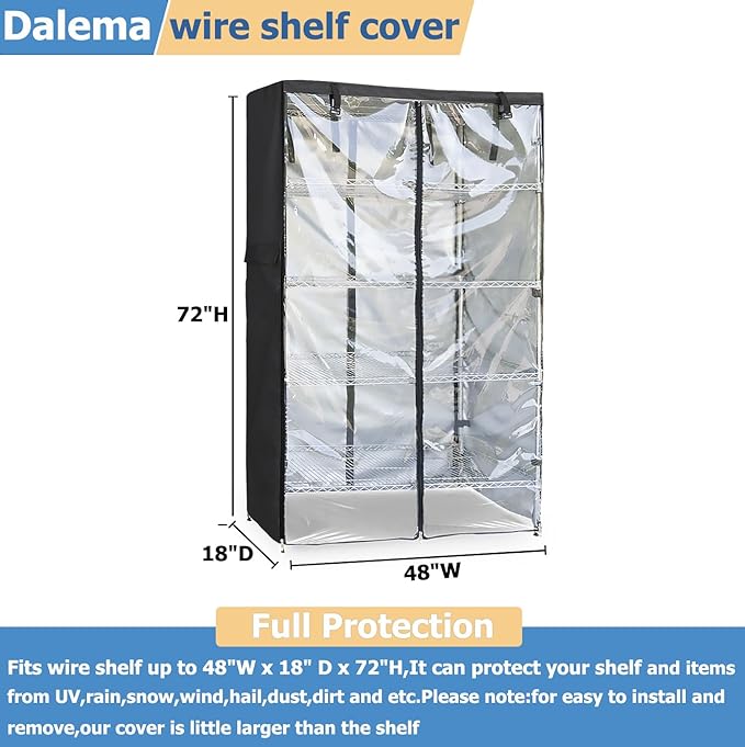 Waterproof Shelf Cover,Outdoor 600D Heavy Duty Dustproof Storage Shelves Cover,48''x18''x72'' Shelf Covers for Wire Shelving with Zippers,Storage Rack Covers with Clear Front - Image 3