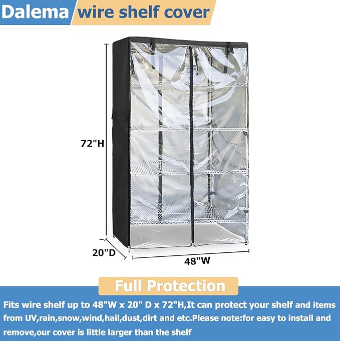 Waterproof Shelf Cover,Outdoor 600D Heavy Duty Dustproof Storage Shelves Cover,48''x20''x72'' Shelf Covers for Wire Shelving with Zippers,Storage Rack Covers with Clear Front - Image 3