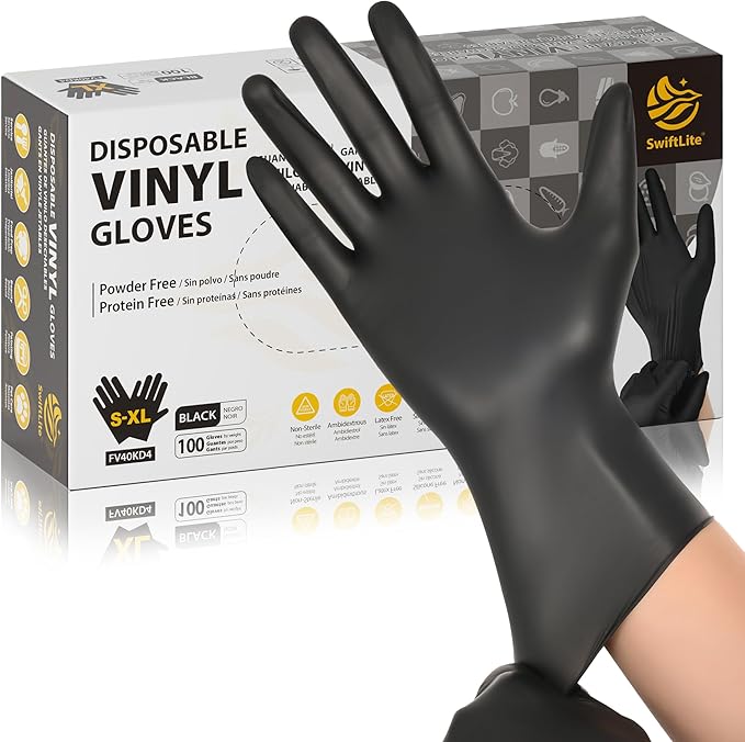 Black Vinyl Gloves, Food Grade Gloves Disposable Latex Free & Powder Free by SWIFTLITE