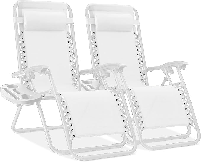 Best Choice Products Set of 2 Adjustable Steel Mesh Zero Gravity Lounge Chair Recliners w/Pillows and Cup Holder Trays - Snow by BestChoiceProducts
