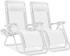 Best Choice Products Set of 2 Adjustable Steel Mesh Zero Gravity Lounge Chair Recliners w/Pillows and Cup Holder Trays - Snow by BestChoiceProducts