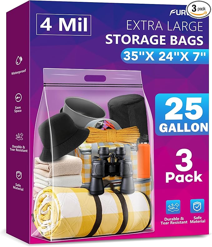 25 Gallon Extra Large Storage Bags 35”x 24”Resealable Clear Bags by FURWEY