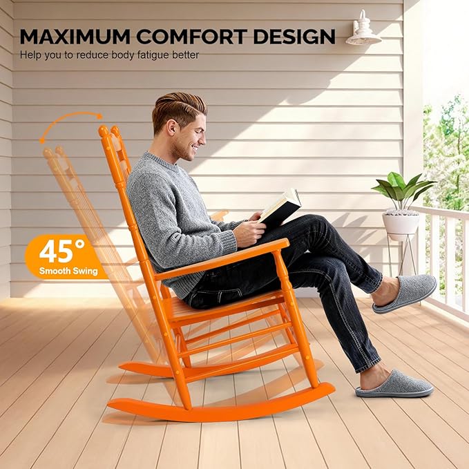 VINGLI Wooden Rocking Chair, Outdoor Chair with 450 lbs Support, Relaxing Rocker with Solid Wood High Back Seat Reclining Seat for Deck, Garden, Backyard, Porch, Indoor or Outdoor Use (Orange, 1PC) - Image 6