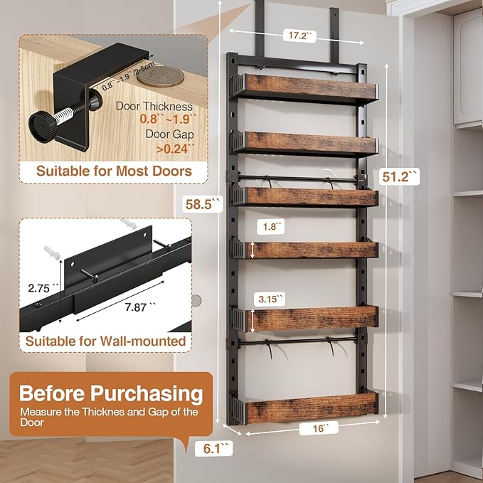 6-Tier Over The Door Pantry Organizer, Heavy-Duty Metal Wall Mount or Hanging - Image 2