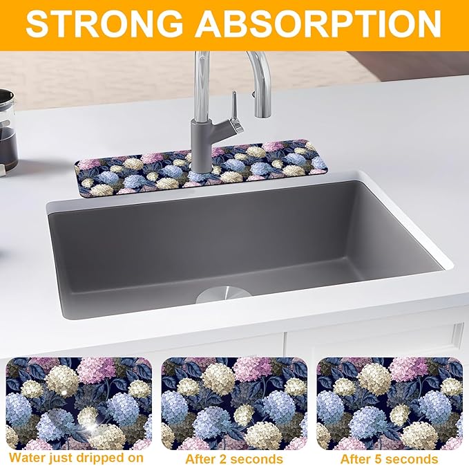 2 Pack Vintage Hydrangea Sink Faucet Absorbing Mat Colorful Hydrangeas Super - Image 5