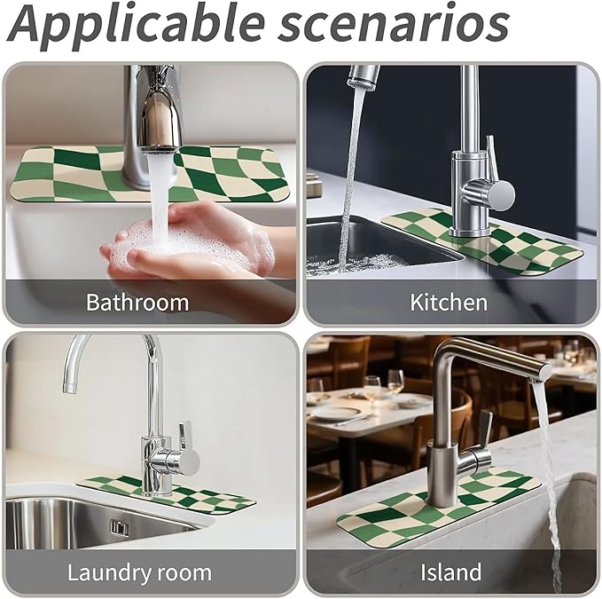Kitchen Sink Splash Guard，Green-and cream checkered Faucet Mat Sink - Image 7