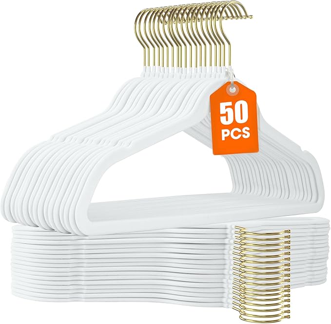 50 Pack White Velvet Hangers, Non Slip, Heavy-Duty, Space Saving, by Uinicor