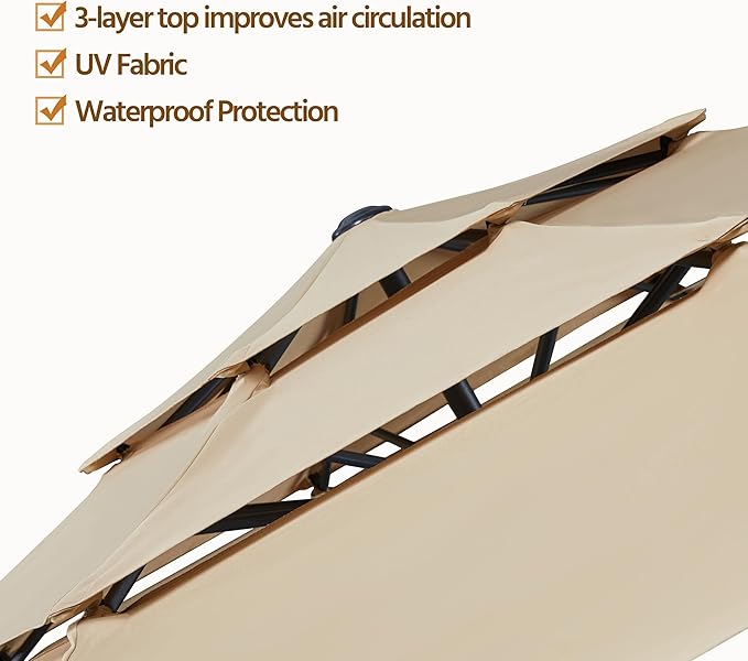 Yaheetech 3-Tier Patio Umbrella 10ft Vented Outdoor Canopy Sun Shade Large Market Table Umbrella Double-layer Cloth & Push-button Tilting for Yard/Garden/Park Tan - Image 3