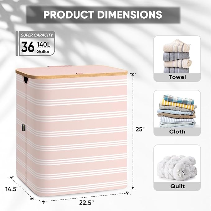 BALEINE Laundry Hamper with Lid, Tall Laundry Baskets with Bamboo Pull Handles - Image 4