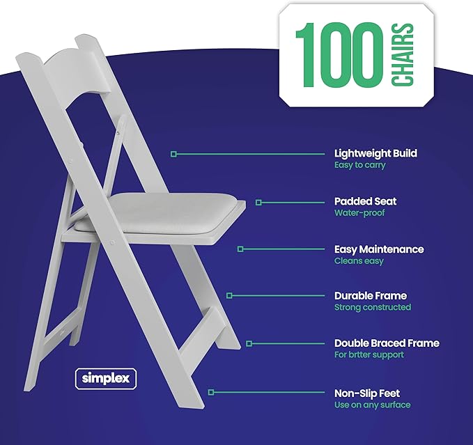 SIMPLEX 100 White Resin Stackable Chairs - Comfortable White Foldable Chair - Folding Chairs with Padded Seats - Indoor/Outdoor Folding Chairs for Events - Lightweight Foldable Chairs. (Set of 100) - Image 3