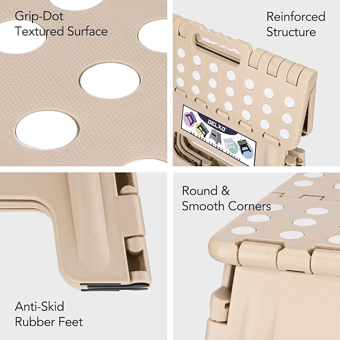 Delxo Office Step Stool, 13 inch Non-Slip Foldable Stools for Adults Up to 300 LBS, Step Stool with Handle, Lightweight for Kitchen, Bathroom, Bedroom, Office, Khaki, 1PC - Image 8