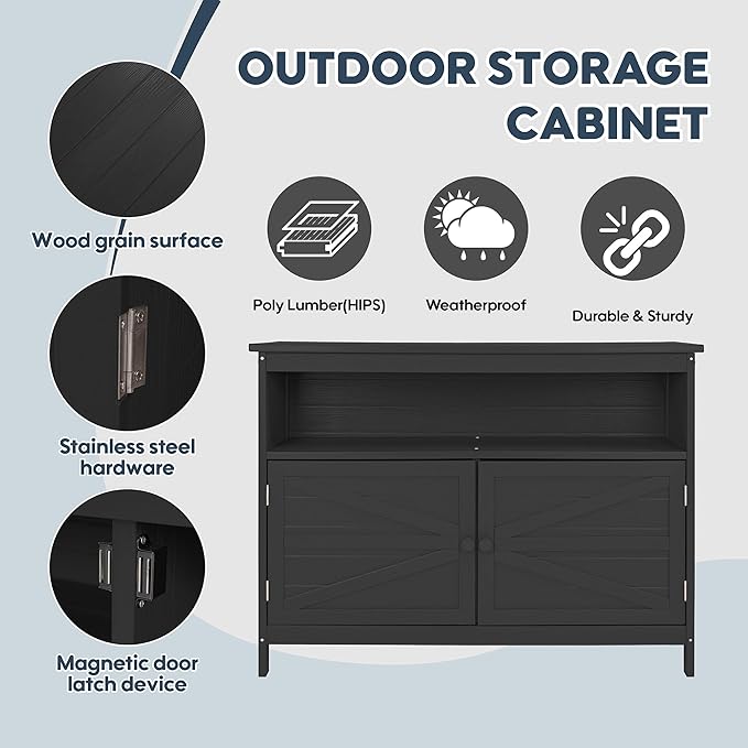 HIPS All-Weather Outdoor Storage Cabinet,Outdoor Sideboard with Magnetic Doors,3-Shelves Patio Storage Cabinet, Used for Garden,Buffet Cabinet,TV Stand, Bar Table,Balcony - Image 4