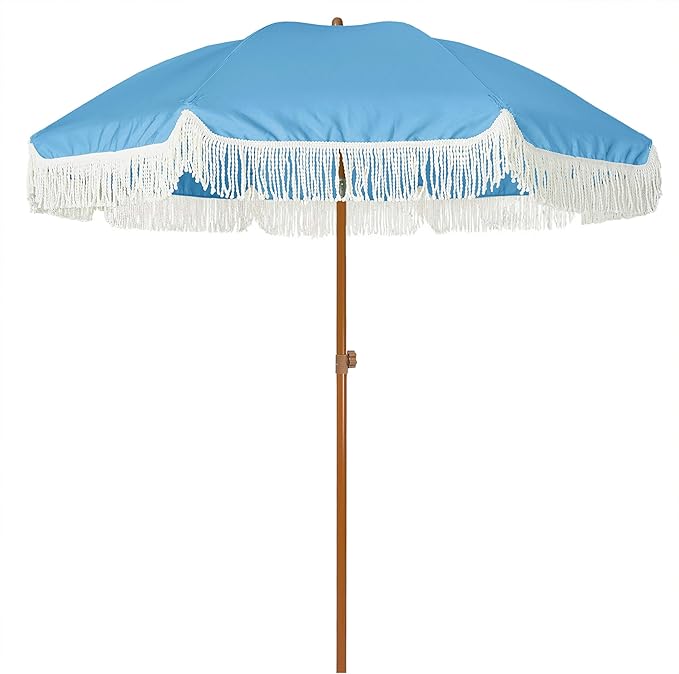 AMMSUN 7ft Patio Umbrella with Fringe Outdoor Tassel Umbrella UPF50+ Premium Steel Pole and Ribs Push Button Tilt, Sky Blue by AMMSUN