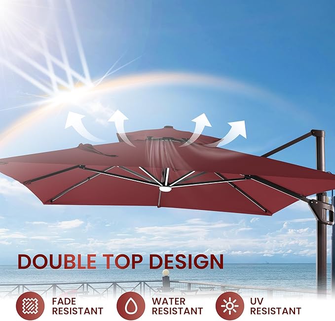 10 X 13 FT Cantilever Patio Umbrella with Led Lights and Base Included Outdoor Heavy Duty Double Top Rectangle Offset Umbrellas with 360-degree Rotation for Pool Deck Backyard, Wine Red - Image 8