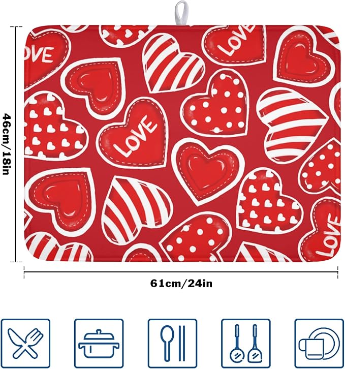 Valentines Day Dish Drying Mat for Kitchen Counter Red Polka Dot Stripe Love - Image 2