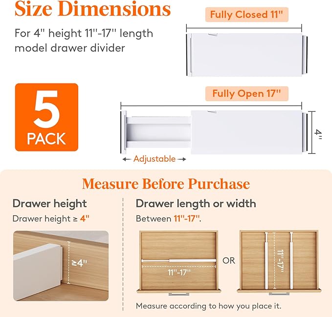 Lifewit 5 Pack 4" High Drawer Dividers 28-43.5cm/11-17" Adjustable Drawer - Image 2
