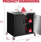 Outdoor Kitchen Island with Stainless Steel Sink and Storage Cabinet, 35-Inch BBQ Prep Station with Faucet & Lockable Wheels for Patio, Backyard, and Outdoor Cooking, Black & Silver - Image 3