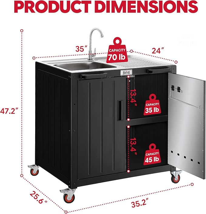 Outdoor Kitchen Island with Stainless Steel Sink and Storage Cabinet, 35-Inch BBQ Prep Station with Faucet & Lockable Wheels for Patio, Backyard, and Outdoor Cooking, Black & Silver - Image 3