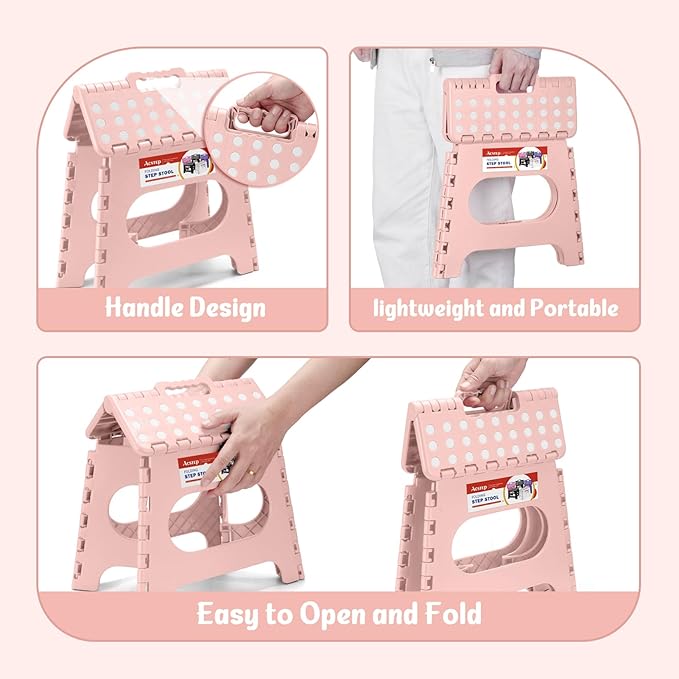 ACSTEP Folding Step Stool 11 Inch, Sturdy Plastic Foldable Step Stool for Kids & Adults, Non Slip Lightweight Collapsible Foot Stools Holds 300 lbs, Ideal for Kitchen, Bathroom, Bedroom, Light Pink - Image 6