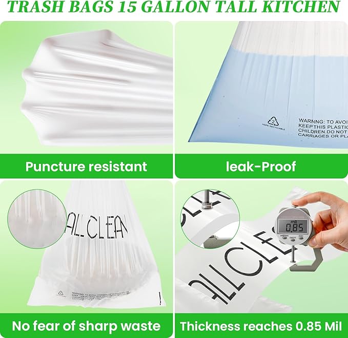 Trash Bags 15 Gallon Tall Kitchen Drawstring Garbage Bags, Fit 13-15 Gal Bins - Image 2