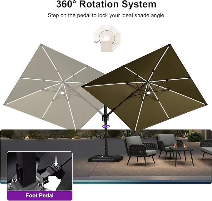 PURPLE LEAF 10 Feet Patio Umbrella with Base Outdoor Cantilever Solar Powered LED Swivel Square Umbrella Aluminum Offset Umbrella with 360-degree Rotation for Garden Deck Pool Patio, Beige - Image 8